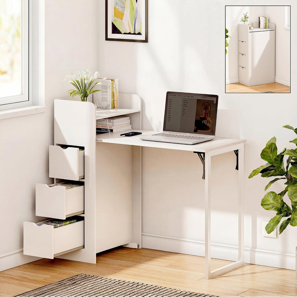 White Wall‑Mounted Foldable Desk with Storage & Outlet