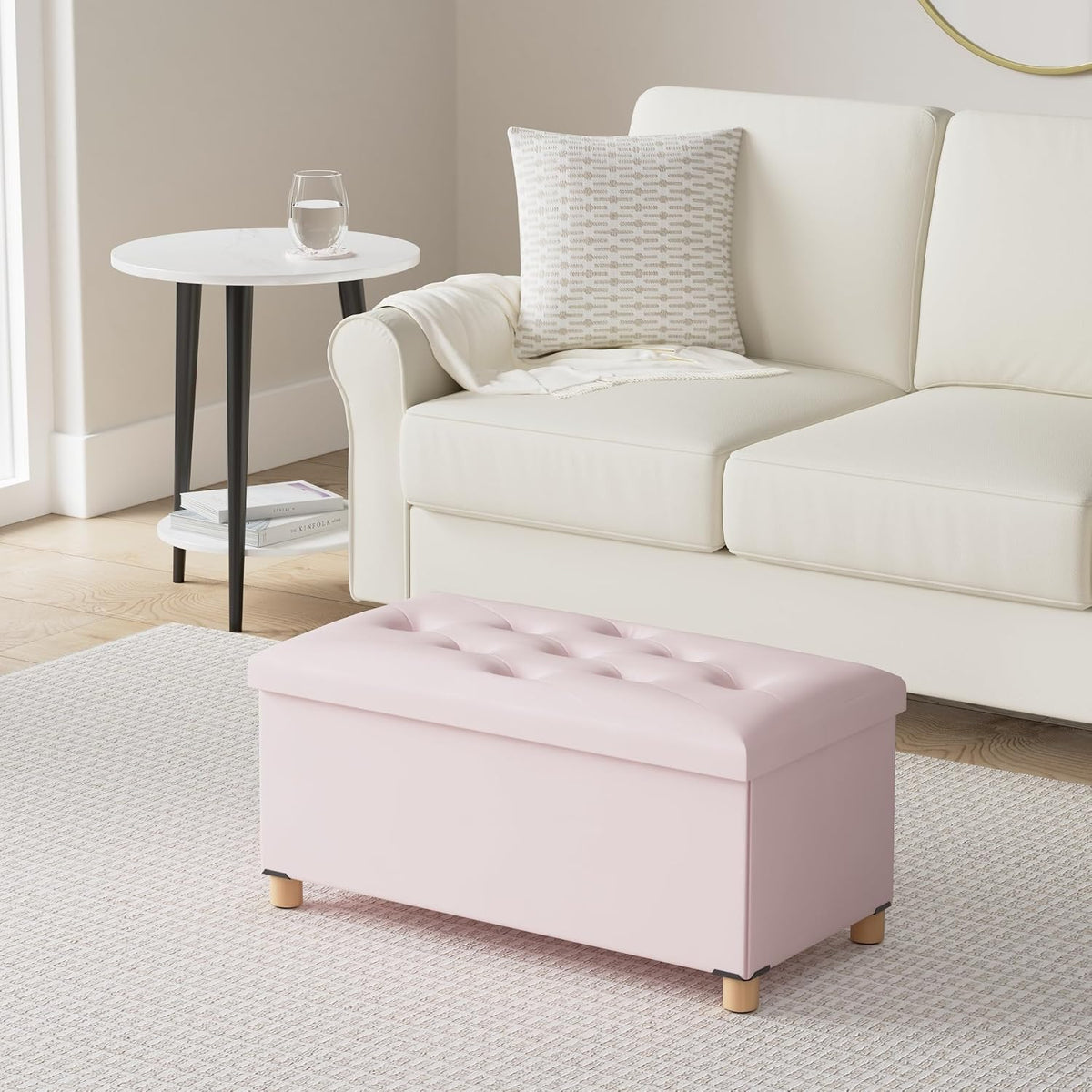 Pink Folding Storage Ottoman Bench with Wooden Feet