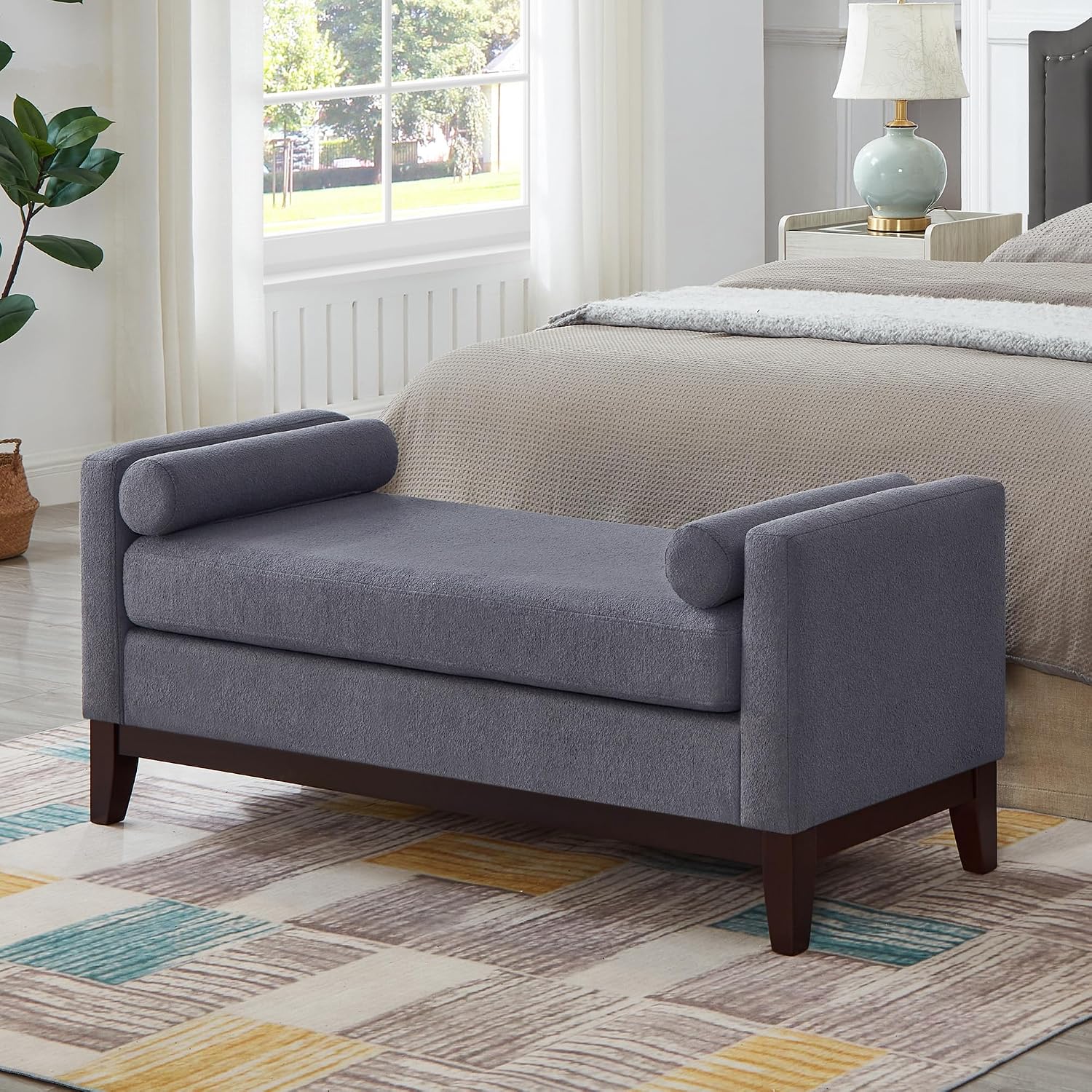 Dark Grey Boucle Ottoman Bench with Bolster Pillows