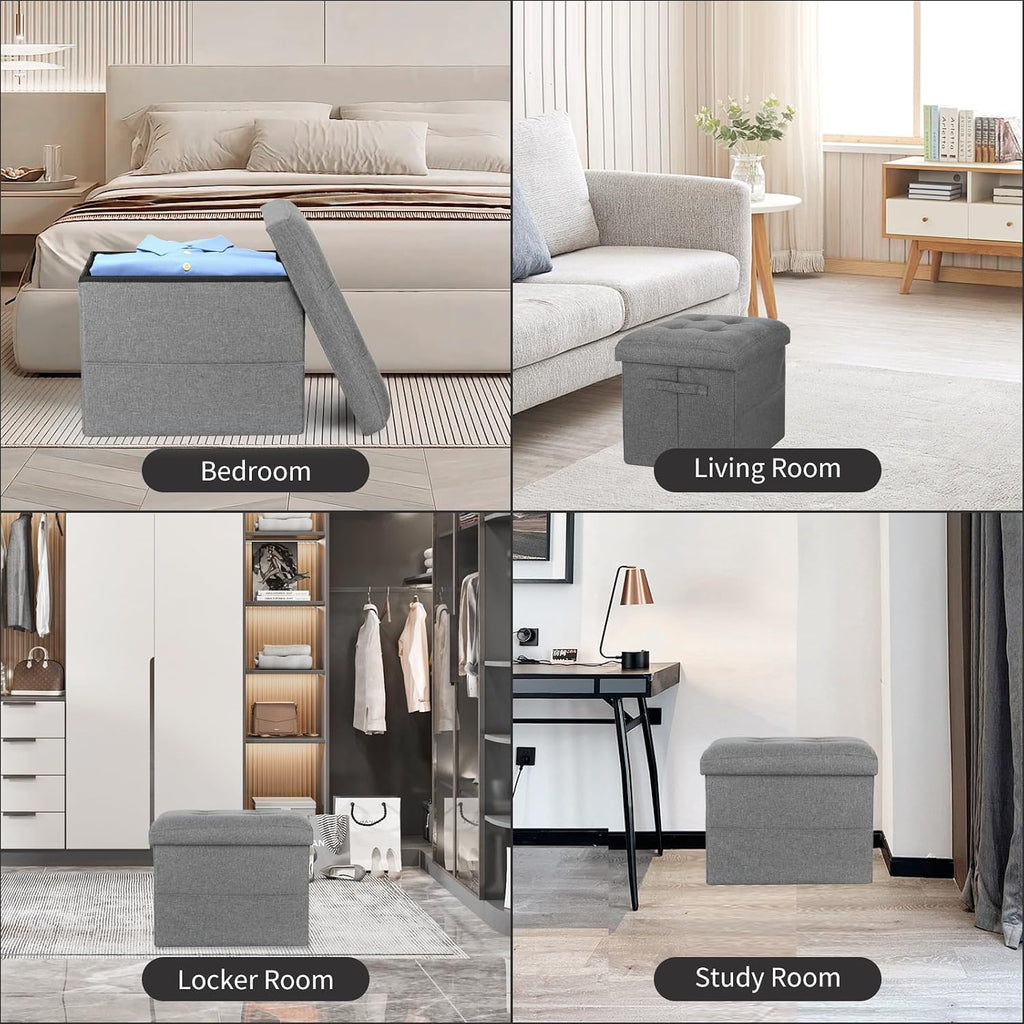 Dark Gray Linen Folding Storage Ottoman Bench