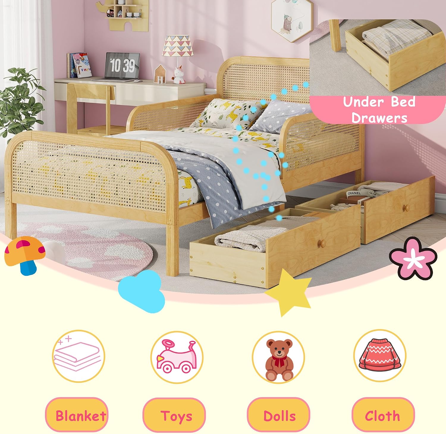 Natural Rattan Kids Twin Bed Frame with Drawers