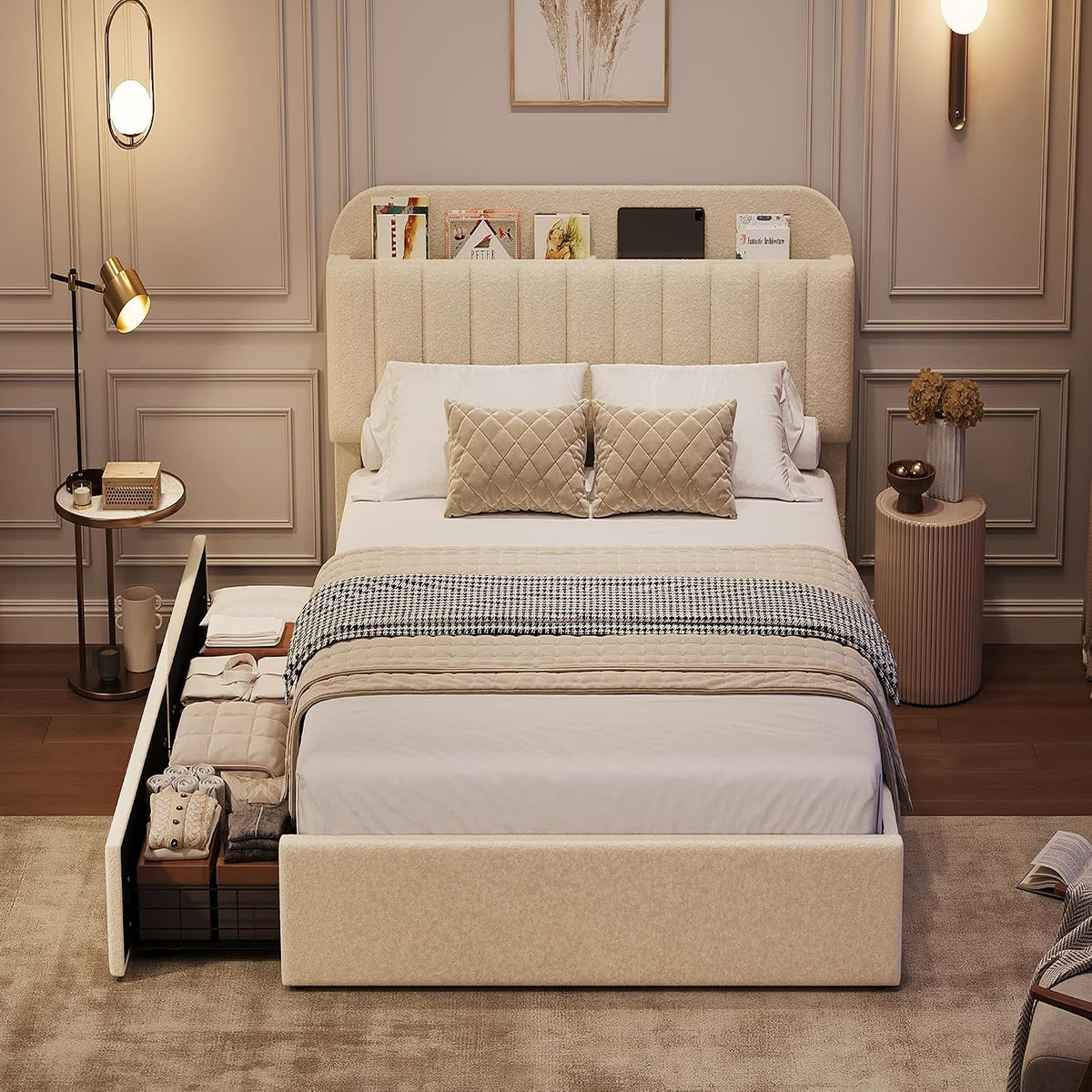 Ivory White Boucle Kids Twin Platform Bed Frame
