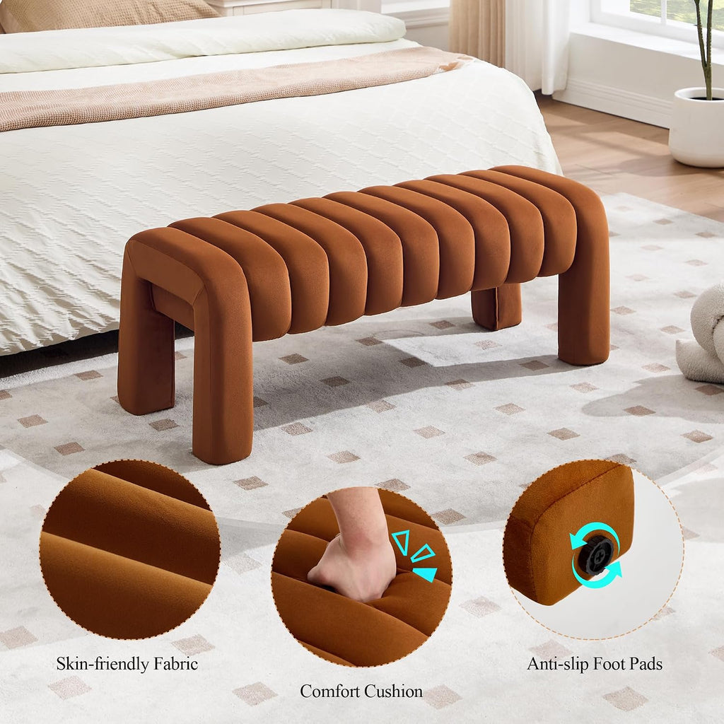 Brown Velvet Upholstered Bench with Solid Wood Legs