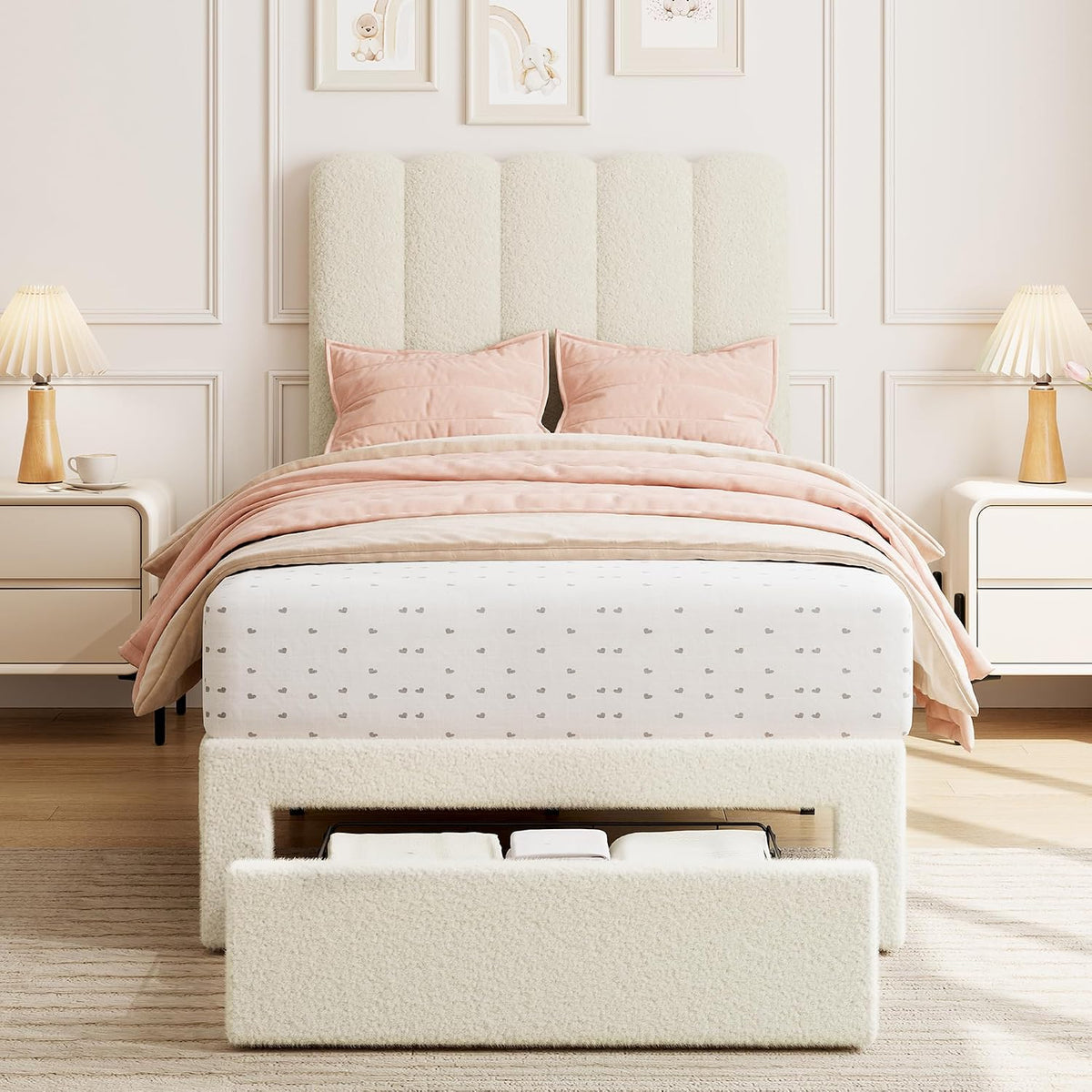 Beige Boucle Kids Twin Platform Bed Frame