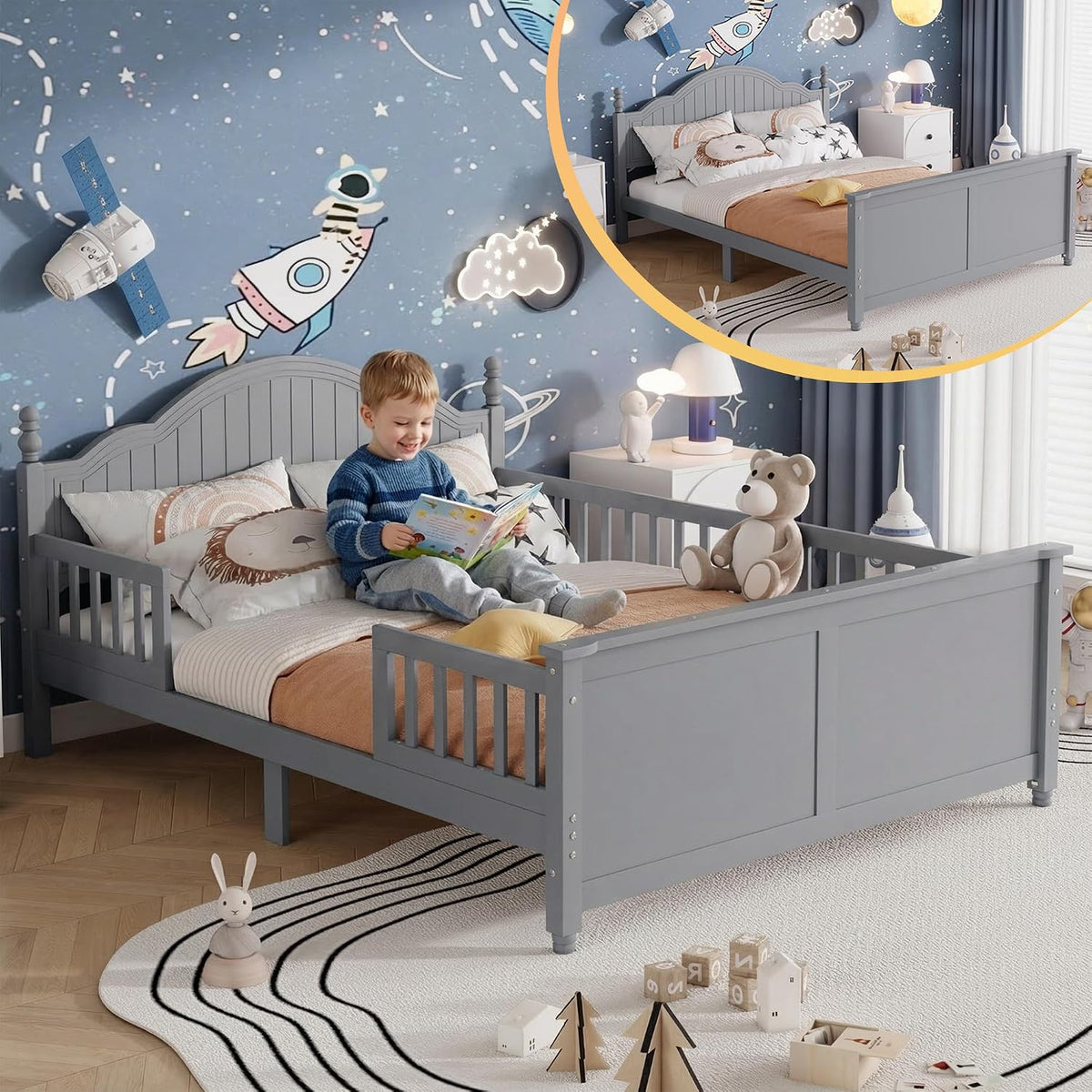 Grey Kids Full Wood Montessori Bed Frame