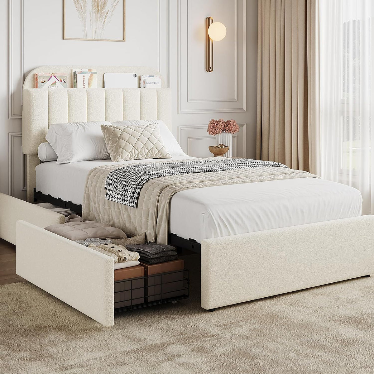 Ivory White Boucle Kids Twin Platform Bed Frame