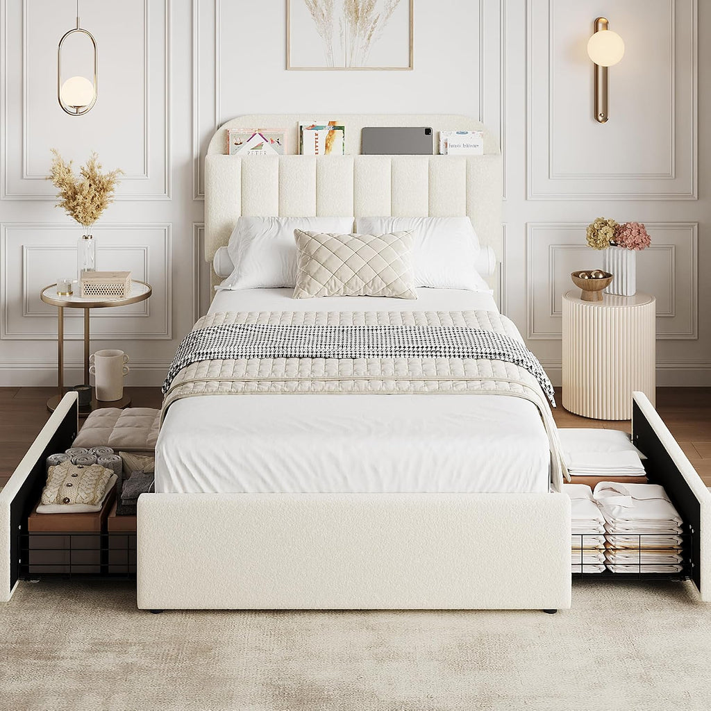 Ivory White Boucle Kids Twin Platform Bed Frame