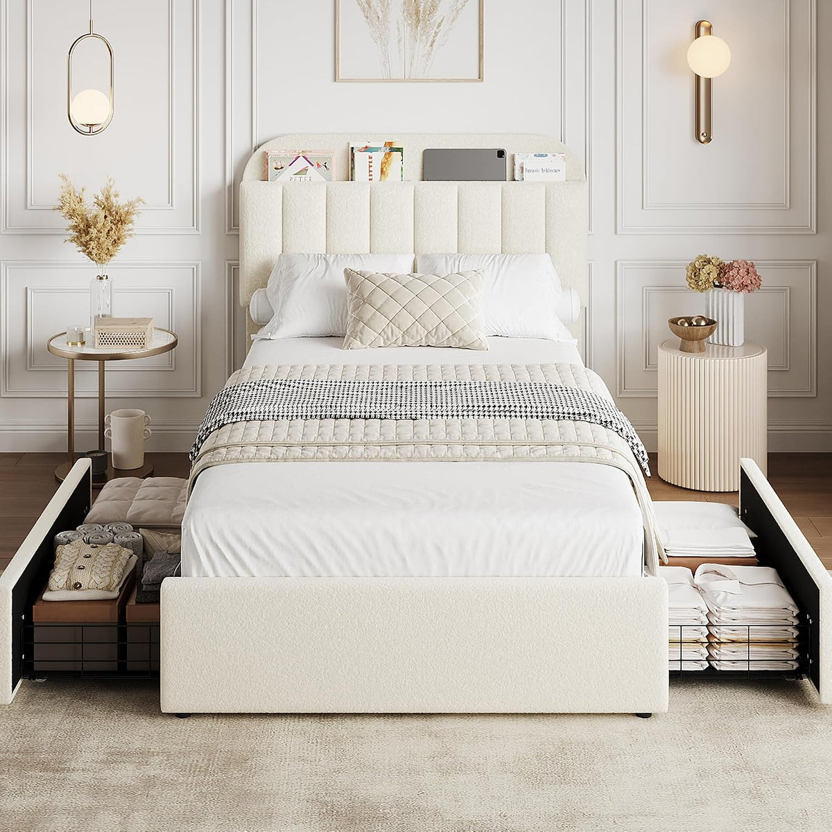 Ivory White Boucle Kids Twin Platform Bed Frame