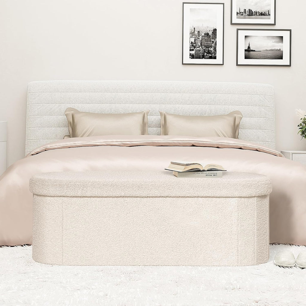 White Velvet Tufted Oval Storage Ottoman Bench