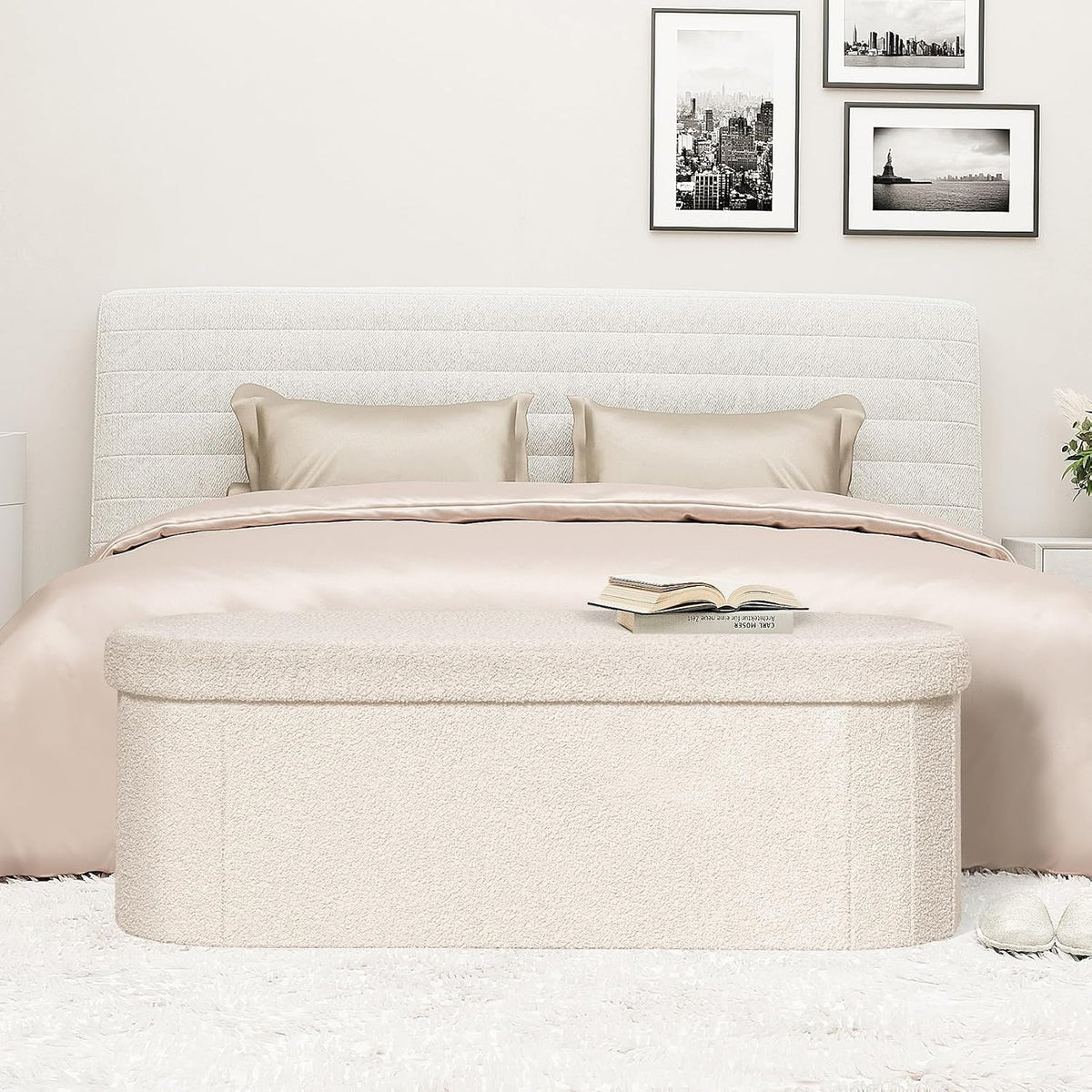 White Velvet Tufted Oval Storage Ottoman Bench