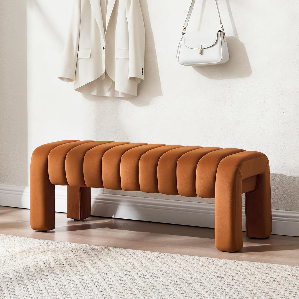 Brown Velvet Upholstered Bench with Solid Wood Legs