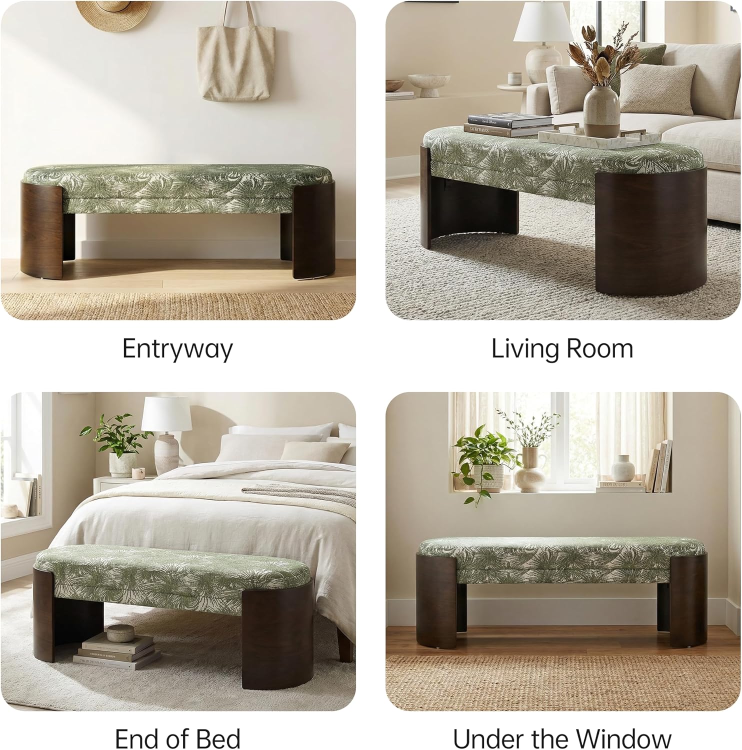 Green Botanical‑Pattern Ottoman Bench