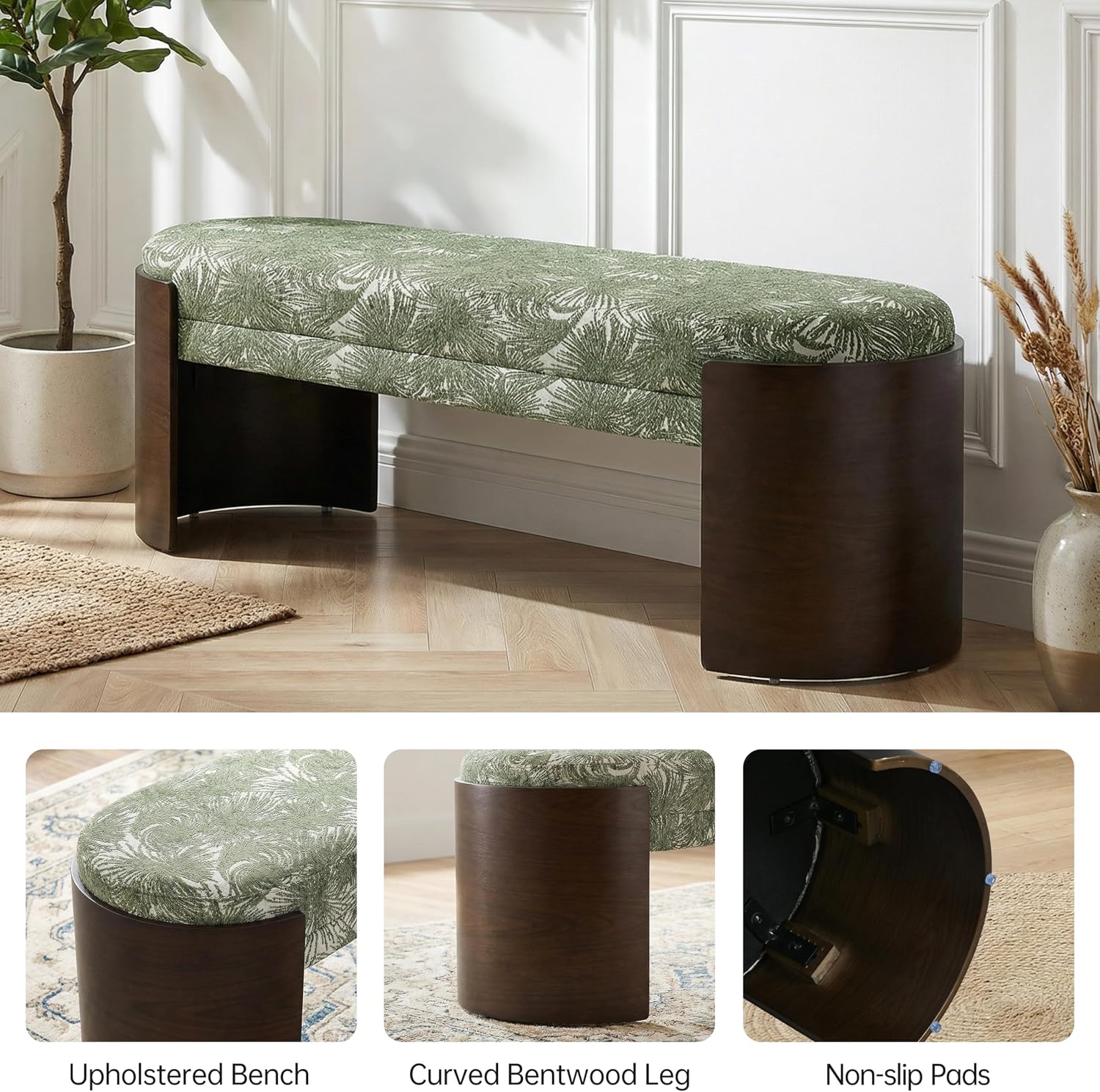 Green Botanical‑Pattern Ottoman Bench
