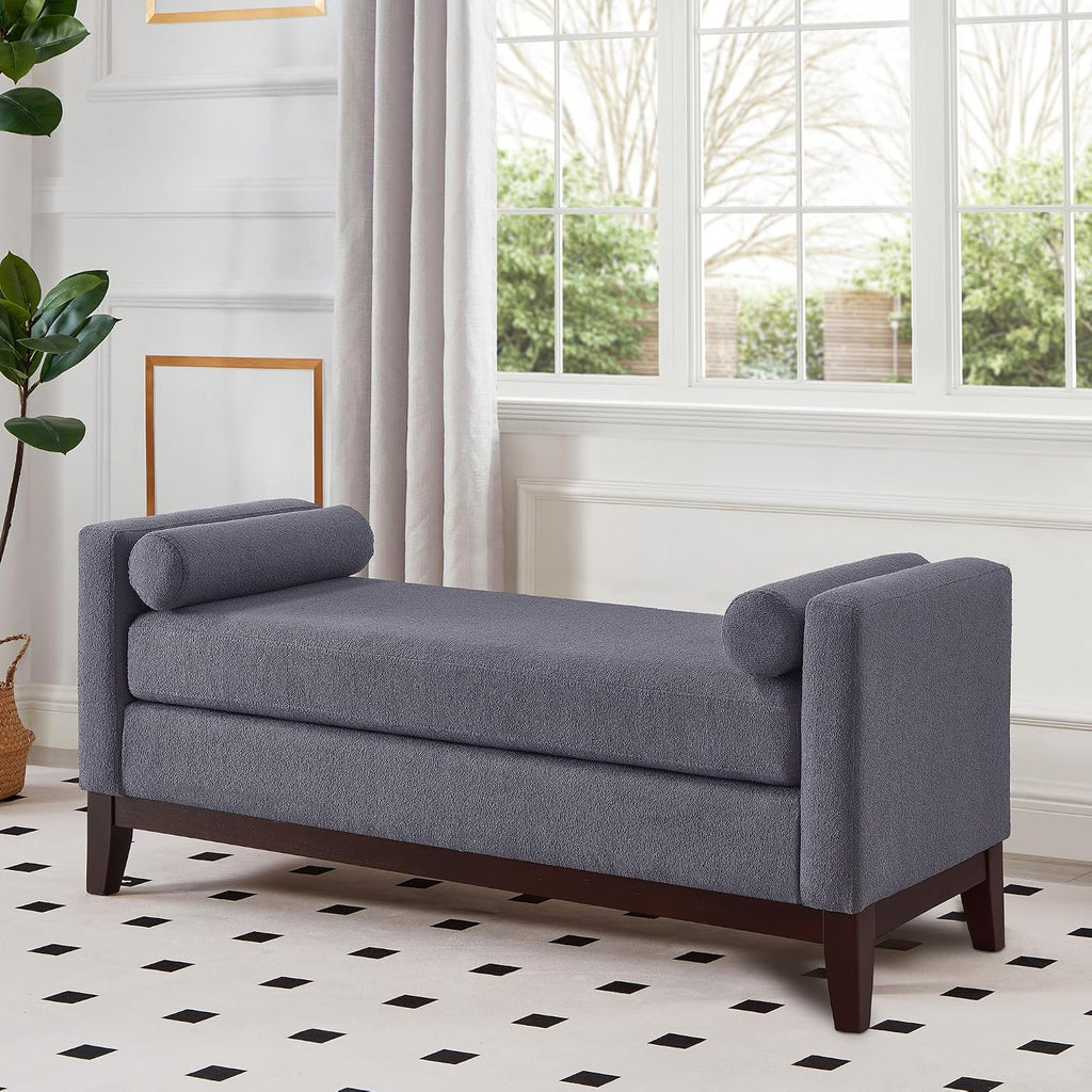 Dark Grey Boucle Ottoman Bench with Bolster Pillows