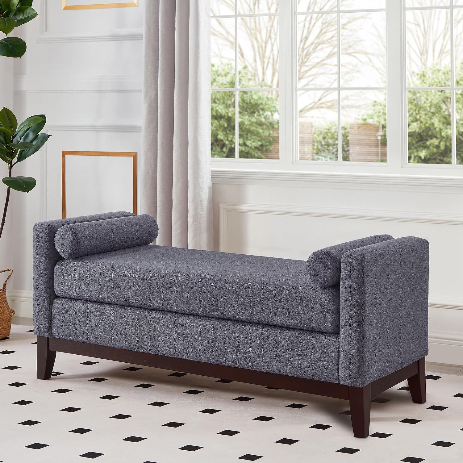 Dark Grey Boucle Ottoman Bench with Bolster Pillows