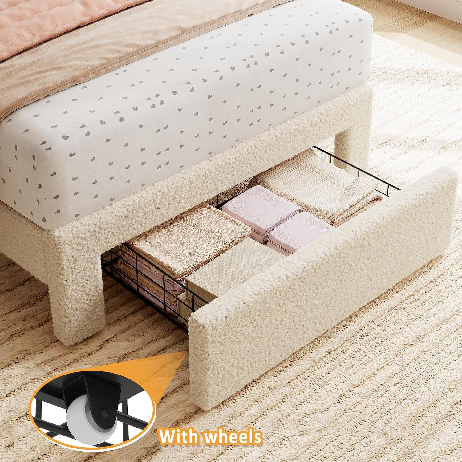 Beige Boucle Kids Twin Platform Bed Frame