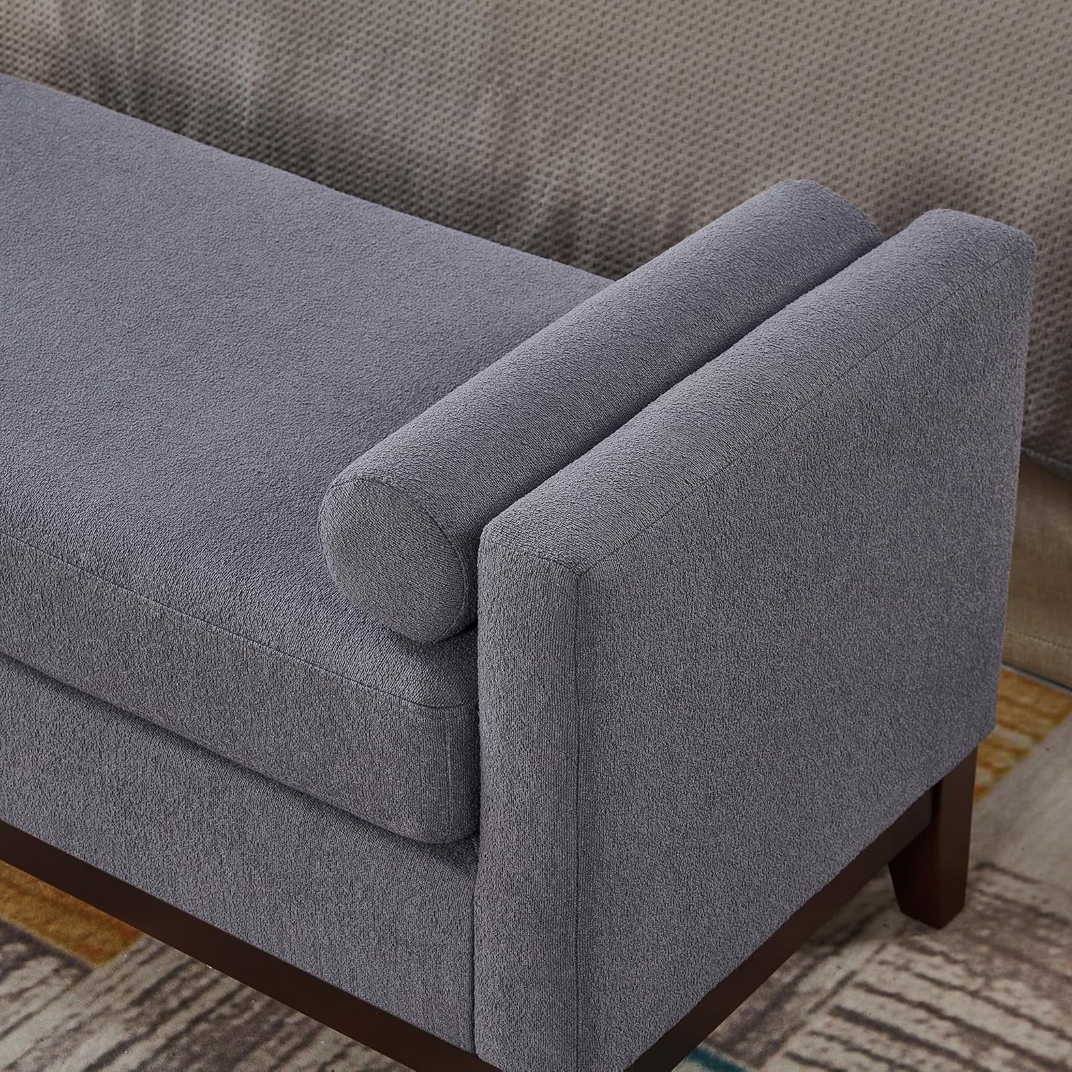 Dark Grey Boucle Ottoman Bench with Bolster Pillows