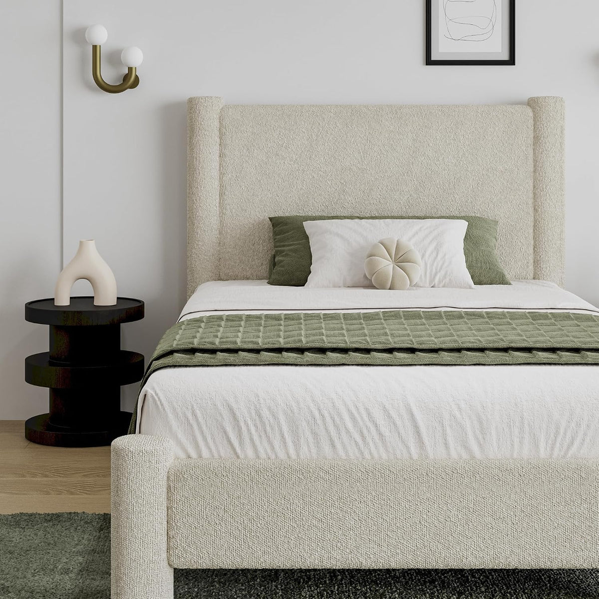 Cream Boucle Twin Upholstered Platform Bed Frame