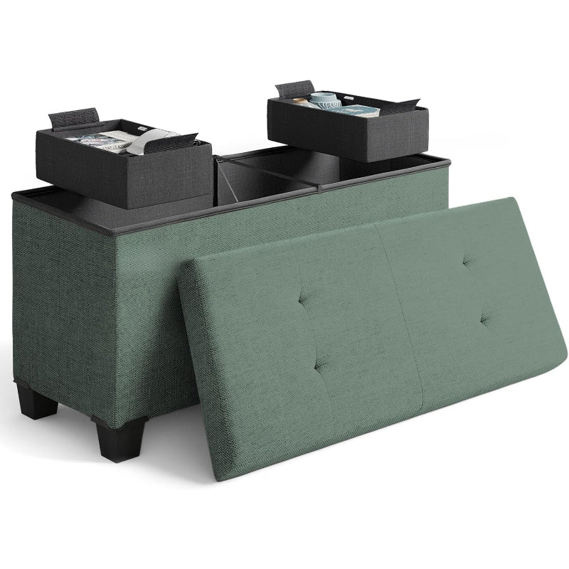 Green Fabric Folding Storage Ottoman Bench