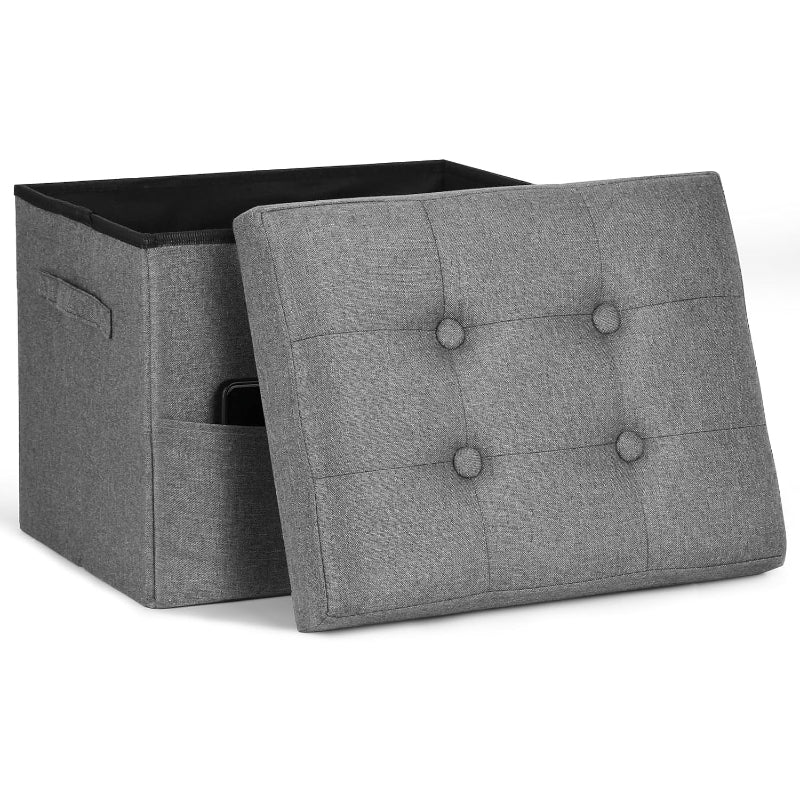 Dark Gray Linen Folding Storage Ottoman Bench