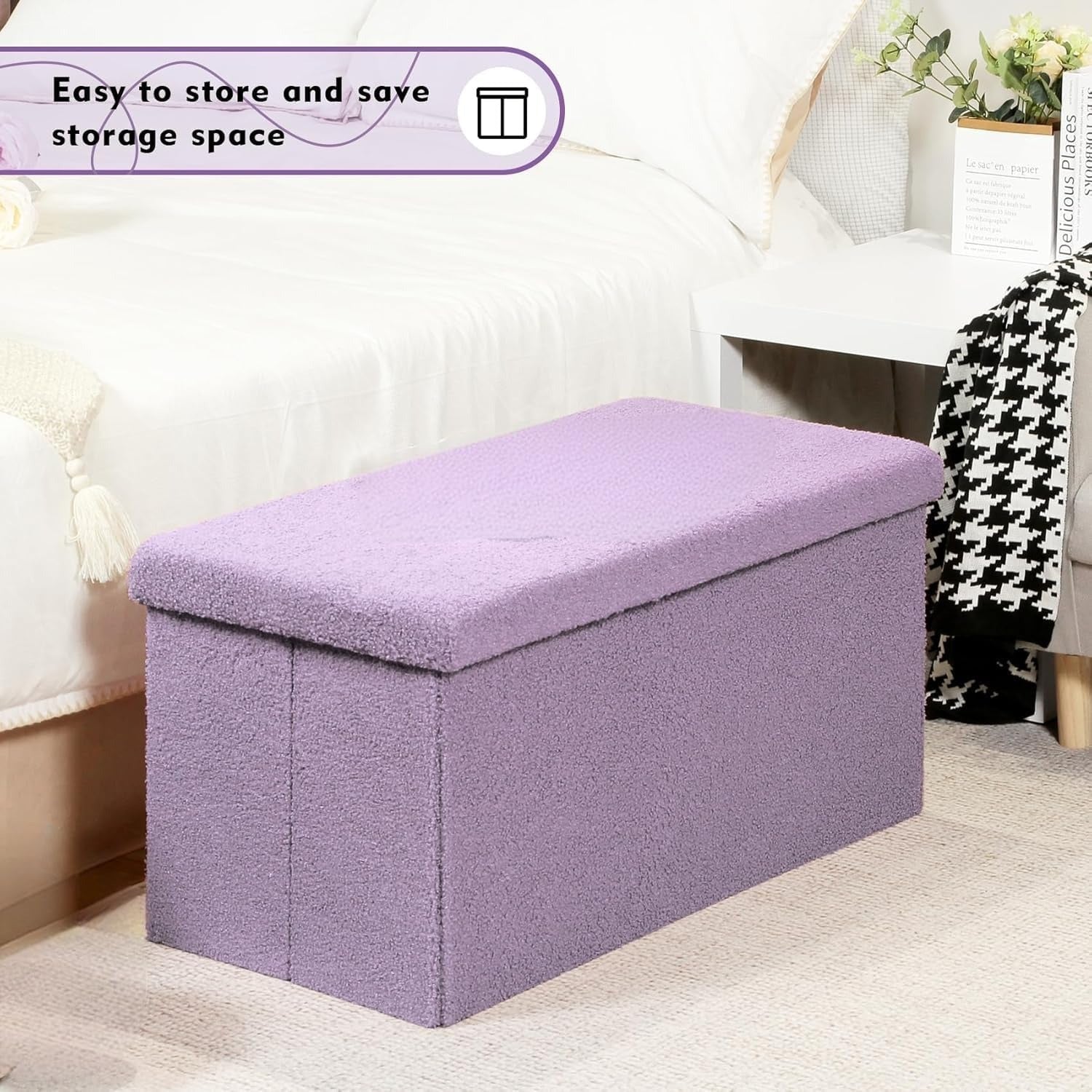 Purple Sherpa Folding Storage Ottoman Bench