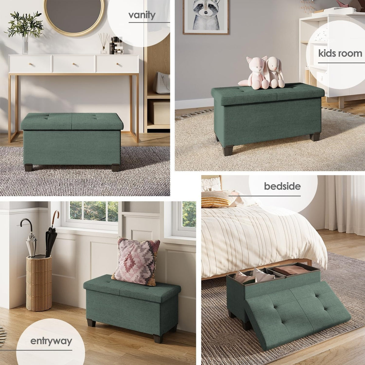 Green Fabric Folding Storage Ottoman Bench
